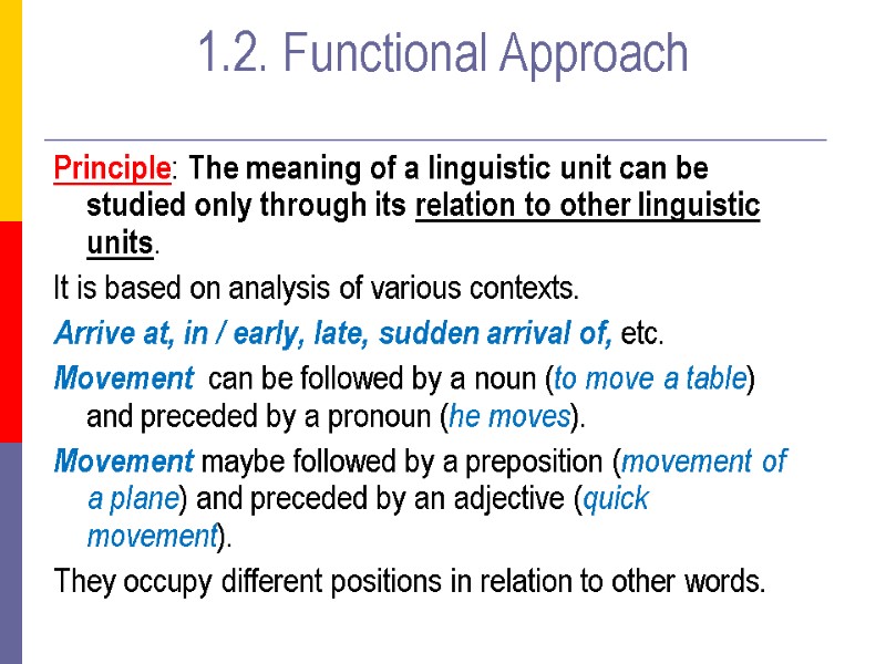 1.2. Functional Approach  Principle: The meaning of a linguistic unit can be studied